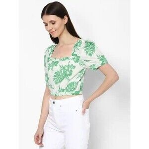 AMERICAN EAGLE OUTFITTERS Casual Floral Crop Top XL Green Puff Sleeve NWT B6